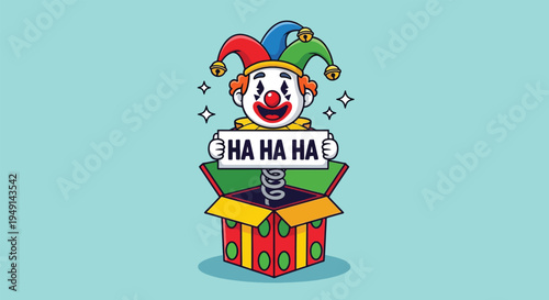 Jester clown popping out of a surprise box with HA HA HA sign.