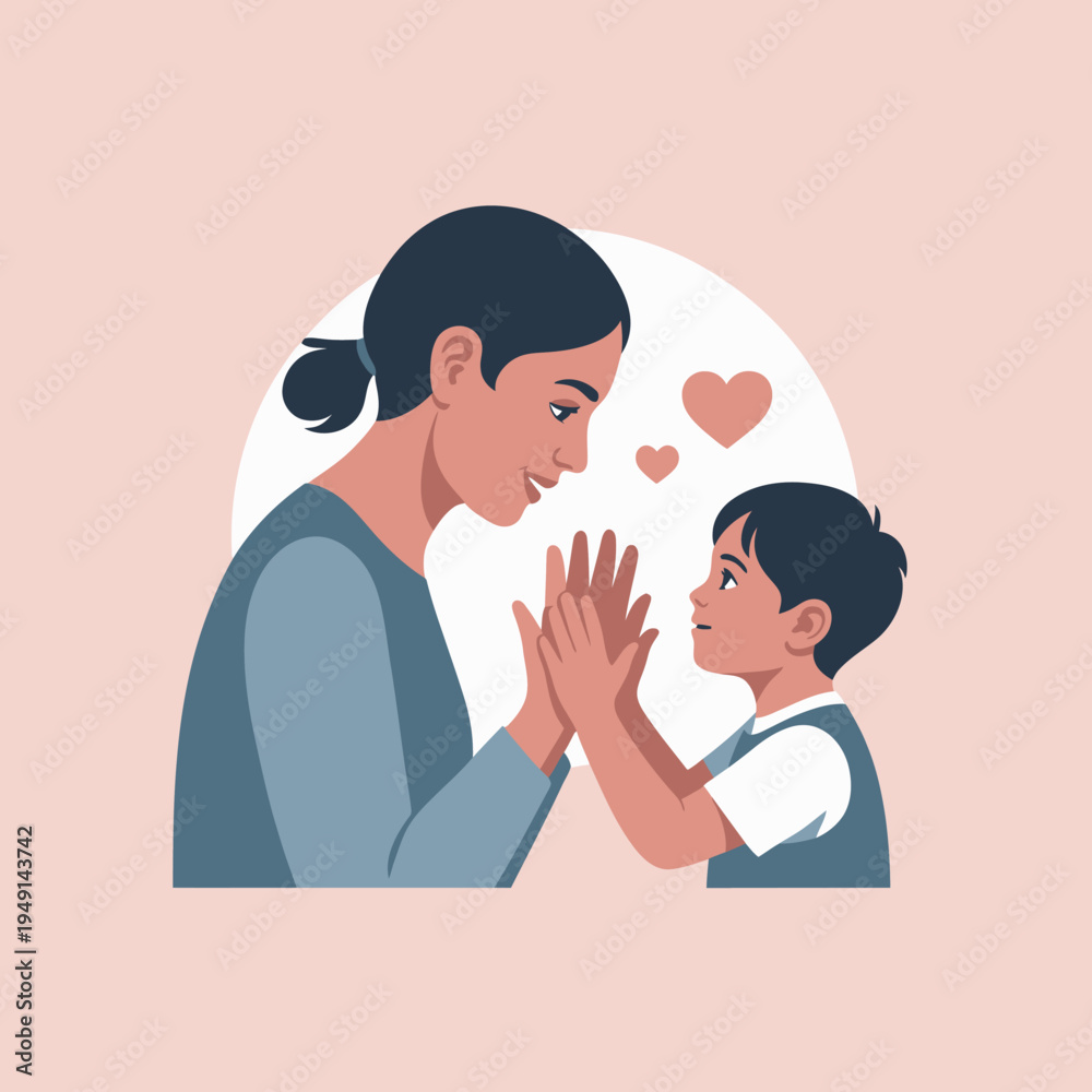 Fototapeta premium A mother and her young son share a tender moment, touching hands with love and warmth.