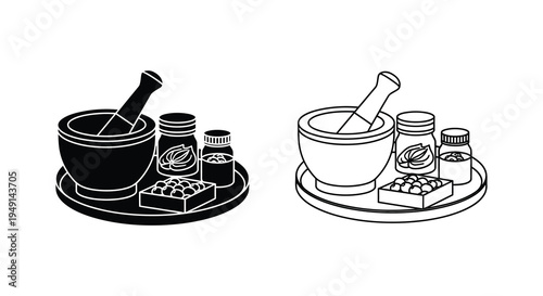 Vintage apothecary tools and herbs depicted in a striking black silhouette