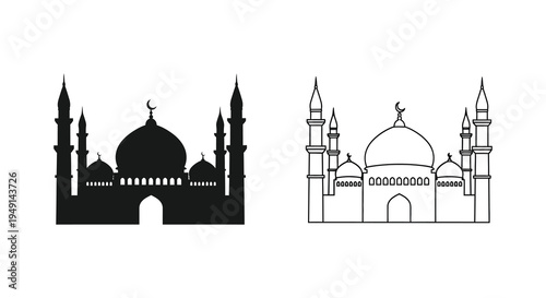 Islamic mosque building outline and black silhouette high quality professional detailed
