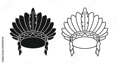 Two native american headdresses in black and white distinct silhouette