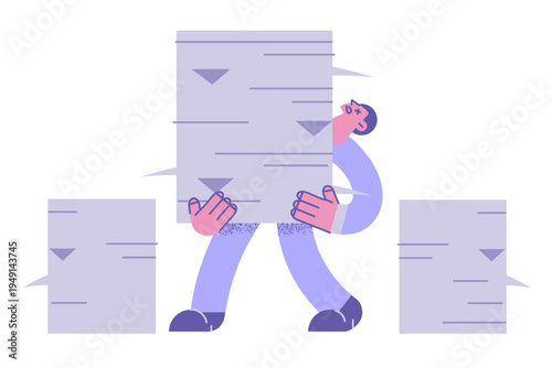 Exhausted businessman carry stack of paperwork documents