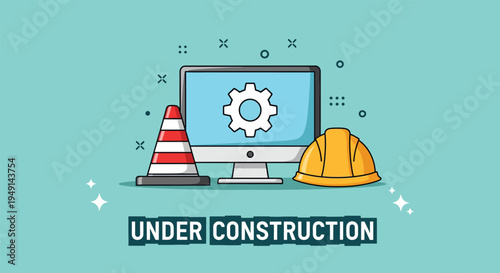 Under Construction Website Page with Computer and Tools.