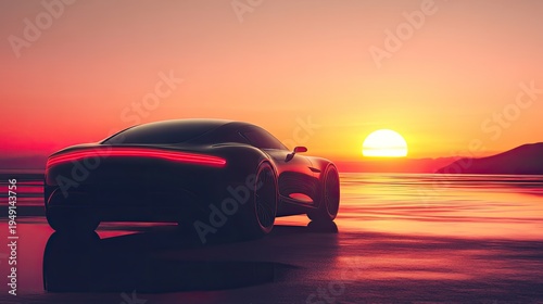 Wallpaper Mural Sleek Car Silhouette Against Vibrant Sunset Over Calm Waters Torontodigital.ca