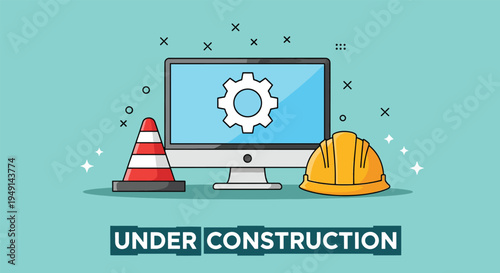 Website Under Construction Maintenance Page with Computer and Tools.