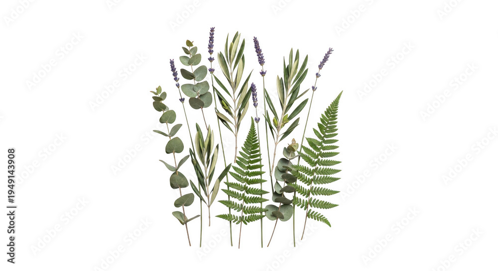 Fototapeta premium Botanical illustration of ferns and lavender isolated on transparent background