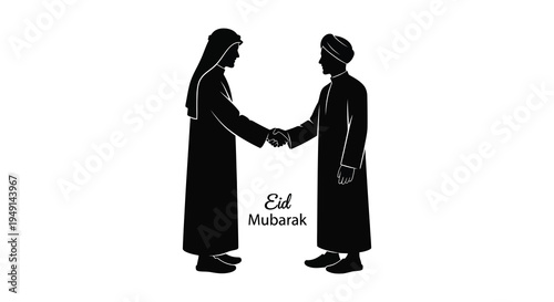 Two men shaking hands with Eid Mubarak text a striking silhouette