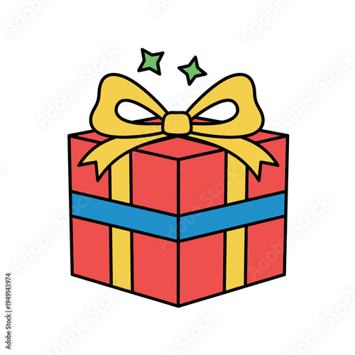 A colorful illustration of a red gift box with a yellow bow and blue ribbon on a white background, conveying a festive and celebratory mood.