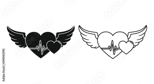 Heart with wings and heartbeat line two tone design graphic illustration silhouette