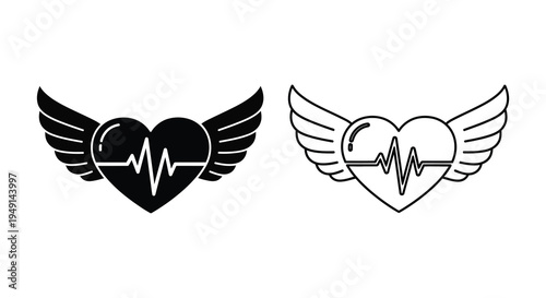 Two heart designs with wings and an ecg line a striking silhouette