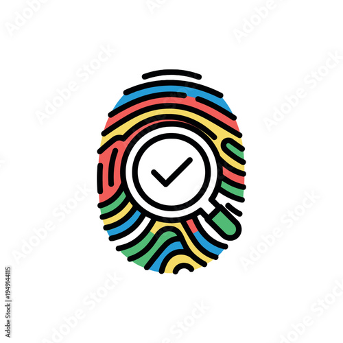 A colorful fingerprint icon with a checkmark in the center on a white background, featuring a multicolored striped pattern in red, blue, yellow, green, and black lines.