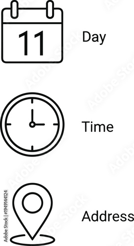 Event information icons set with calendar clock and location pin minimal outline vector for schedule time and address
