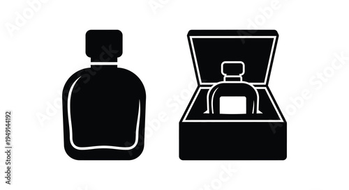 Elegant perfume bottle and open gift box in stark black silhouette