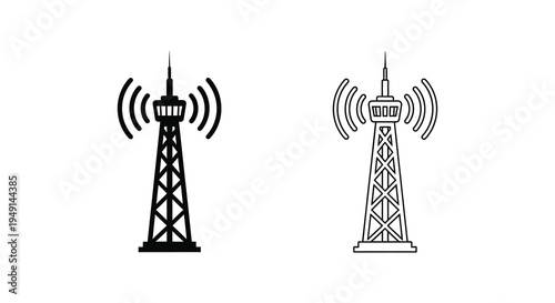 Two communication towers emitting signals depicted in a stark silhouette