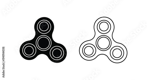 Two fidget spinner illustrations one filled and one outlined in a minimalist silhouette