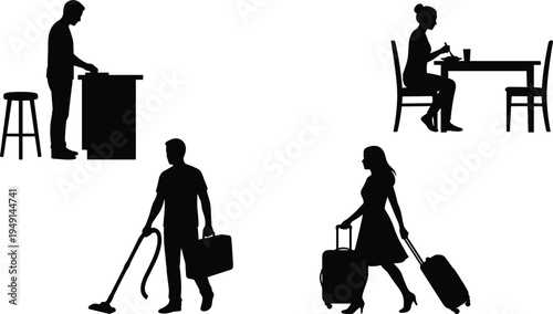 People daily activities silhouette set, cooking eating cleaning traveling black vector isolated illustration collection