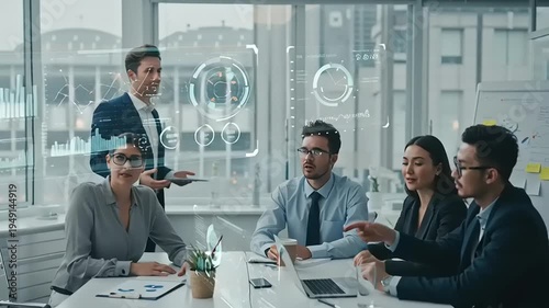 Business team meeting with futuristic interface.