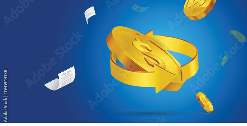 Money circulation and currency exchange concept with 3D gold dollar coin and circular arrow, financial refund, cashback reward, digital banking transaction and profit return illustration.