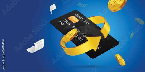 Cashback and money transfer concept with 3D credit card, gold coins and arrow, financial refund, online payment transaction, digital banking reward and currency exchange illustration.