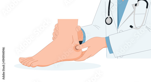 A doctor's hands, wearing a white lab coat and a stethoscope, gently press on the heel area of a bare human foot during an examination.