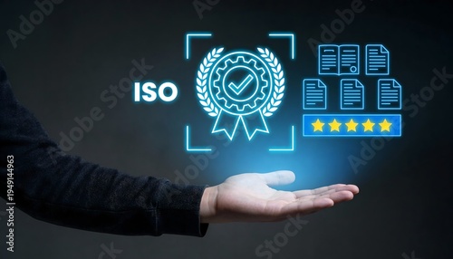 An outstretched hand presents a glowing iso certification badge and five-star rating, signifying adherence to high quality standards.