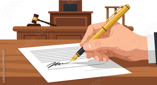 A hand in a suit sleeve holds a golden fountain pen, signing a document with a blurred courtroom background featuring a gavel.