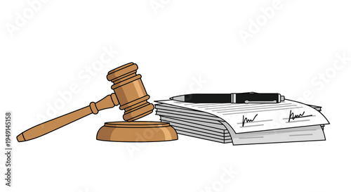 A wooden judge's gavel rests beside a stack of signed legal documents with a black pen on top, on a white background.