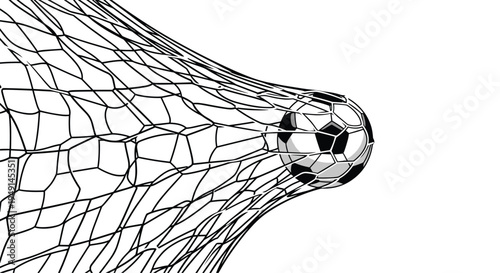 A black and white soccer ball stretches the hexagonal mesh of a goal net, with subtle lines indicating its movement, captured in a wider view against a plain white background.