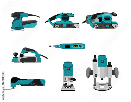 Wood Sanding and Surface Finishing Power Tools Set Vector Illustration