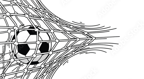 A black and white soccer ball is deeply embedded in the wide, loose mesh of a goal net, with dynamic lines indicating the force of impact, against a plain white background.