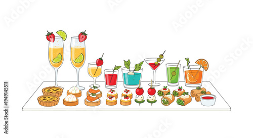 A long white serving board displays an elegant assortment of colorful cocktails and diverse appetizers on a pristine white background.