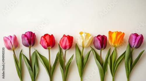 Colorful Tulips Arranged in a Line on a White Background During Daylight