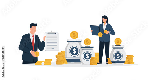 A male and female business professional are shown managing finances with documents, money bags, and stacks of gold coins on a white background.