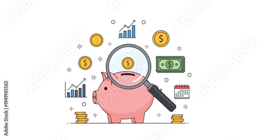 A pink piggy bank is magnified by a large black-handled magnifying glass, surrounded by various floating financial icons on a clean white background.