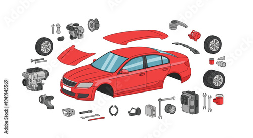 A red car body, partially disassembled, is encircled by various gray engine components and red body panels on a pristine white background.