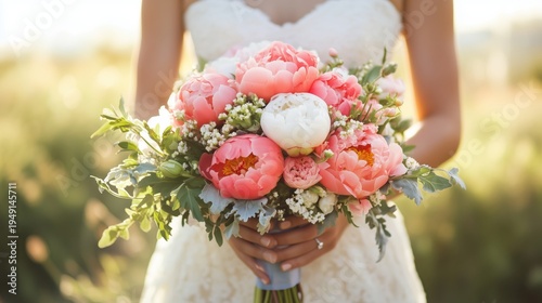 Bridal Bouquet Held by a Woman Wearing a Wedding Dress in a Garden During the...