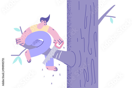 Man sit on tree saw branch risk to fall