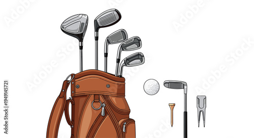 A brown leather golf bag filled with various silver golf clubs stands beside a golf ball, a wooden tee, and a divot tool.