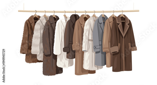 Eight luxurious fur coats in varying shades of brown, white, and grey hang from wooden hangers on a single wooden clothes rail.