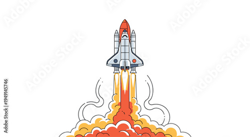 A white and orange space shuttle launches vertically, emitting a massive, fiery orange and red exhaust plume against a clean white background.