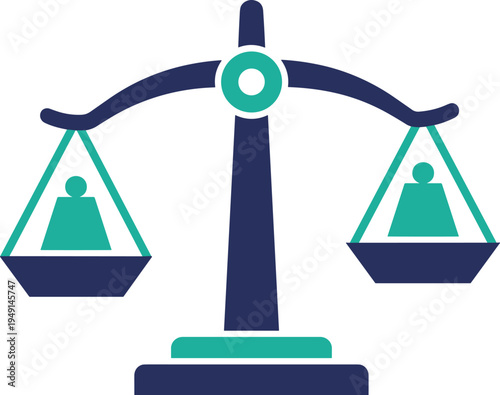 Balanced justice scale with people icons representing fairness equality comparison and decision making concept flat vector
