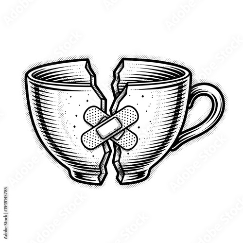 Broken Coffee Cup with Bandages, Recovery, Healing Concept Illustration in Vintage Style