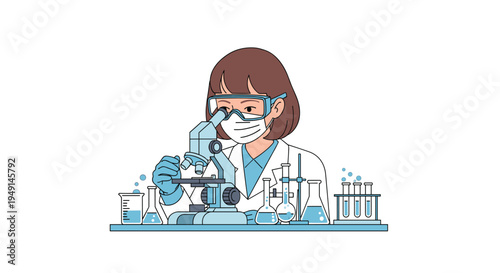 A female scientist in a lab coat, mask, and goggles intently uses a microscope surrounded by various lab glassware on a white table.