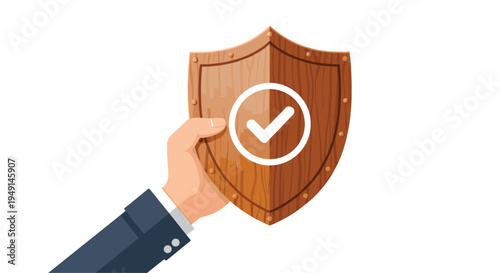 A light-skinned hand with a blue shirt cuff securely grasps a textured wooden shield with a white checkmark on a white background.