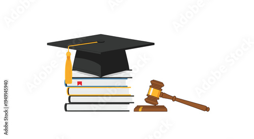 A black graduation cap with a yellow tassel rests on a stack of five colorful books beside a wooden gavel on a white background.