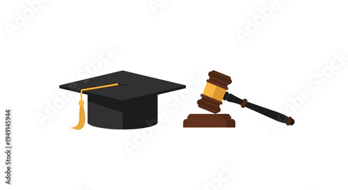 A black graduation cap with a gold tassel sits next to a wooden gavel and its sound block on a clean white background.