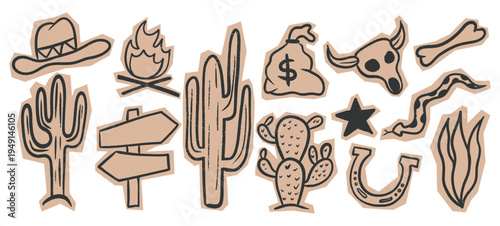 Hand drawn wild west scrapbook stickers featuring doodle desert wildlife, rustic cowboy hats, bull skulls, and campfires in a vintage, paper cut aesthetic