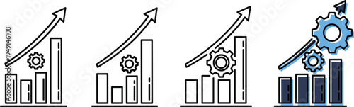 Business growth analytics icons with rising chart arrow and gear representing productivity improvement and performance optimization