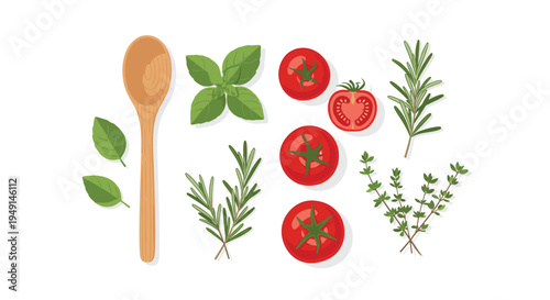 A wooden spoon, fresh green basil, rosemary, thyme, and red tomatoes are neatly arranged on a clean white surface.