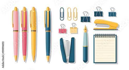 A neatly organized collection of office supplies, including pens, a stapler, a notebook, paper clips, and binder clips, arranged in rows.